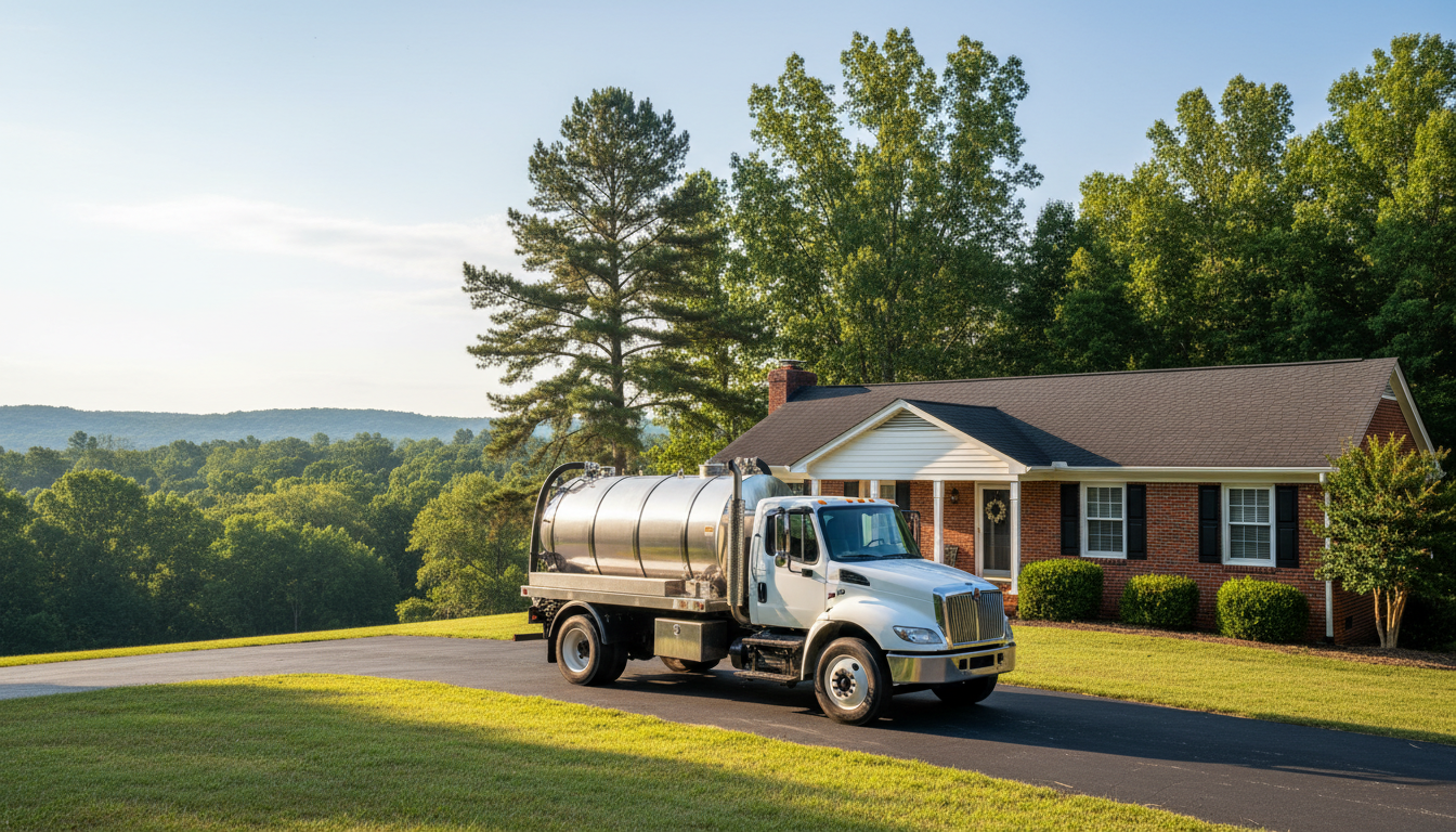 Septic pump truck pumping a tank at a Huntsville, AL home