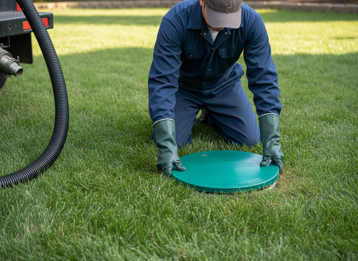 Inspector opening a septic tank lid during a home inspection in Huntsville, AL
